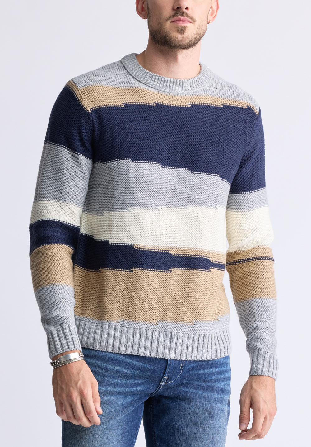 Wollen Men s Striped Colorblock Crewneck Sweater Grey BM24418 Buffalo Jeans CA