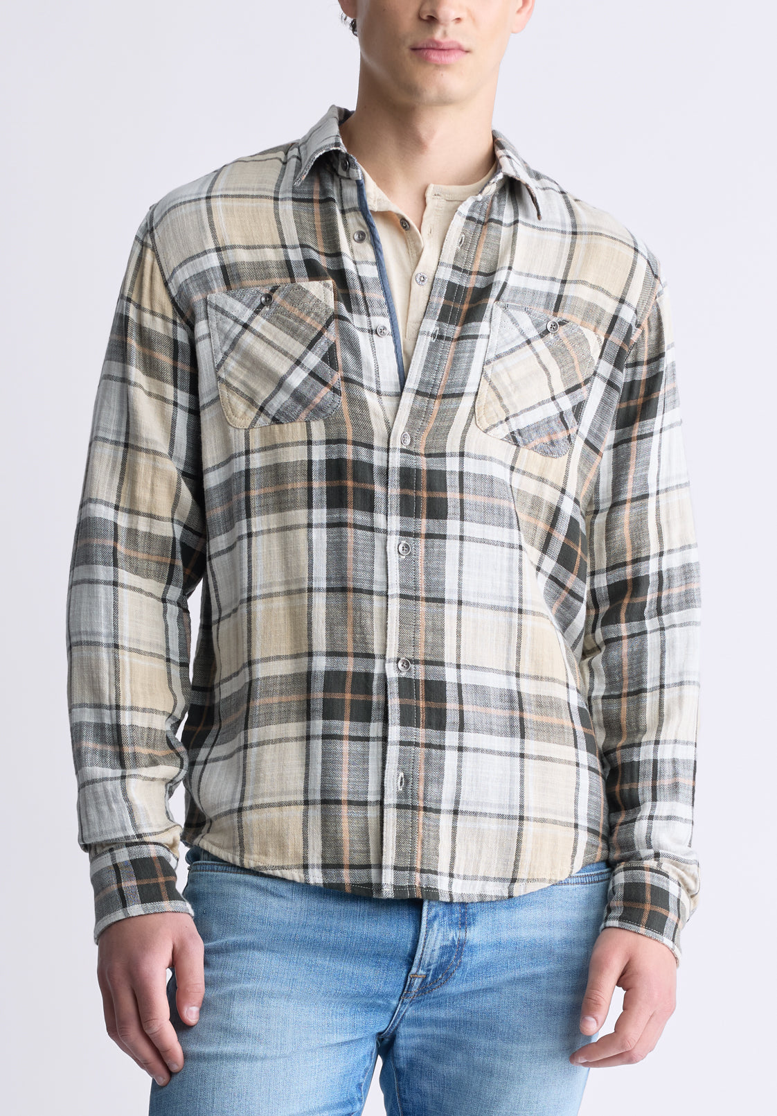 buffalo david bitton Saolo Men's Long-Sleeve Plaid Shirt Tan