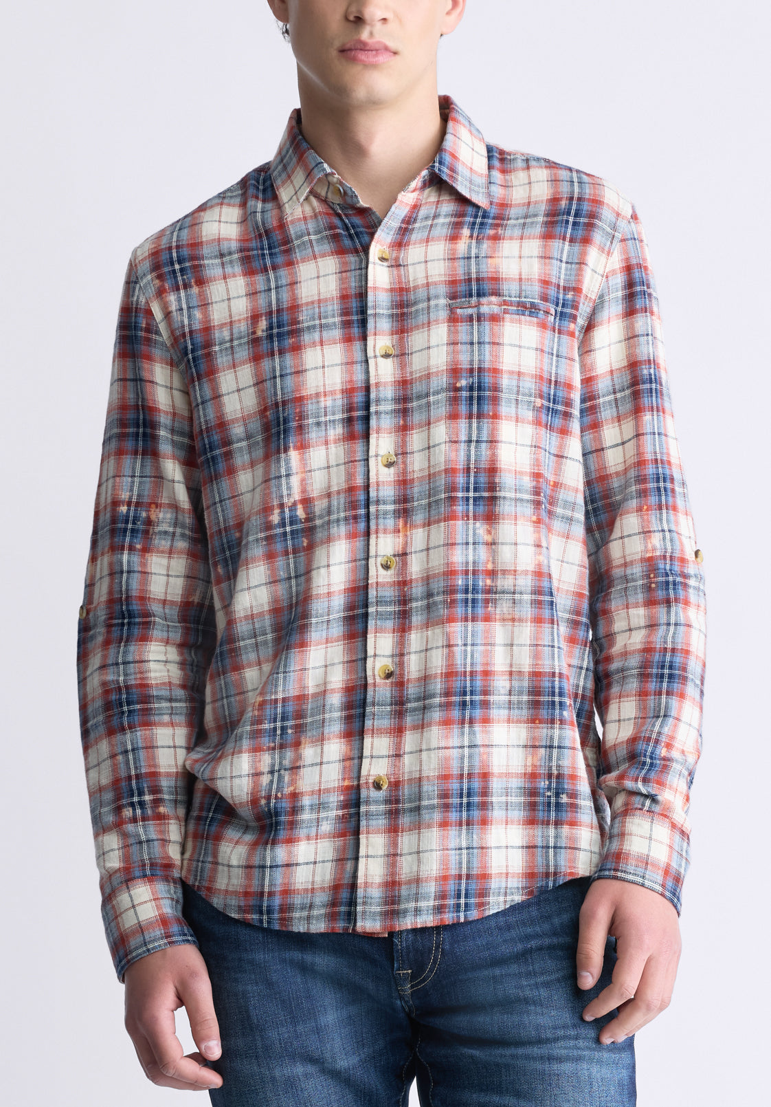 buffalo david bitton Simbio Men's Long-Sleeve Plaid Shirt Beige Blue & Red