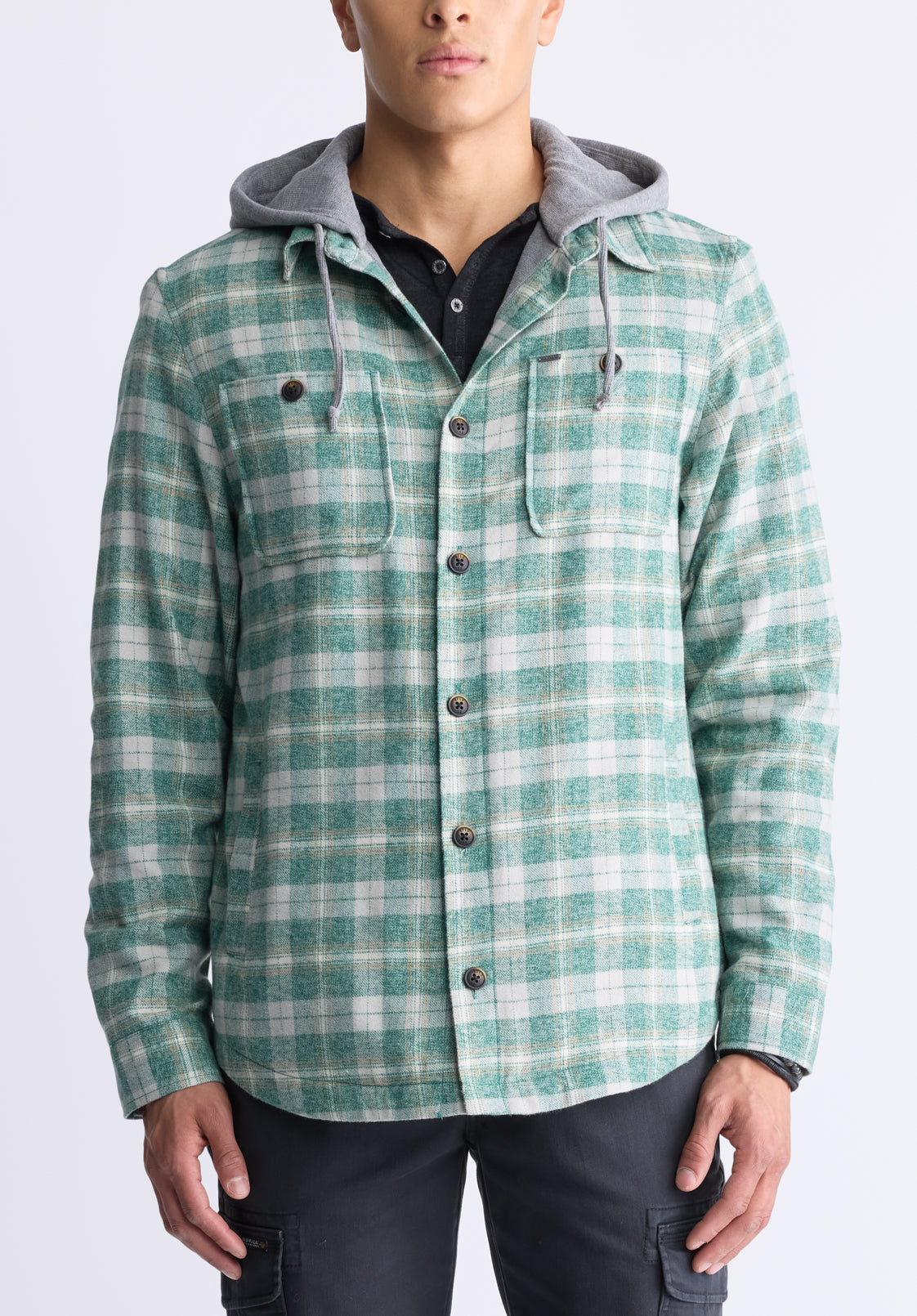 buffalo david bitton Jakeim Men's Plaid Hooded Shacket Grey & Green