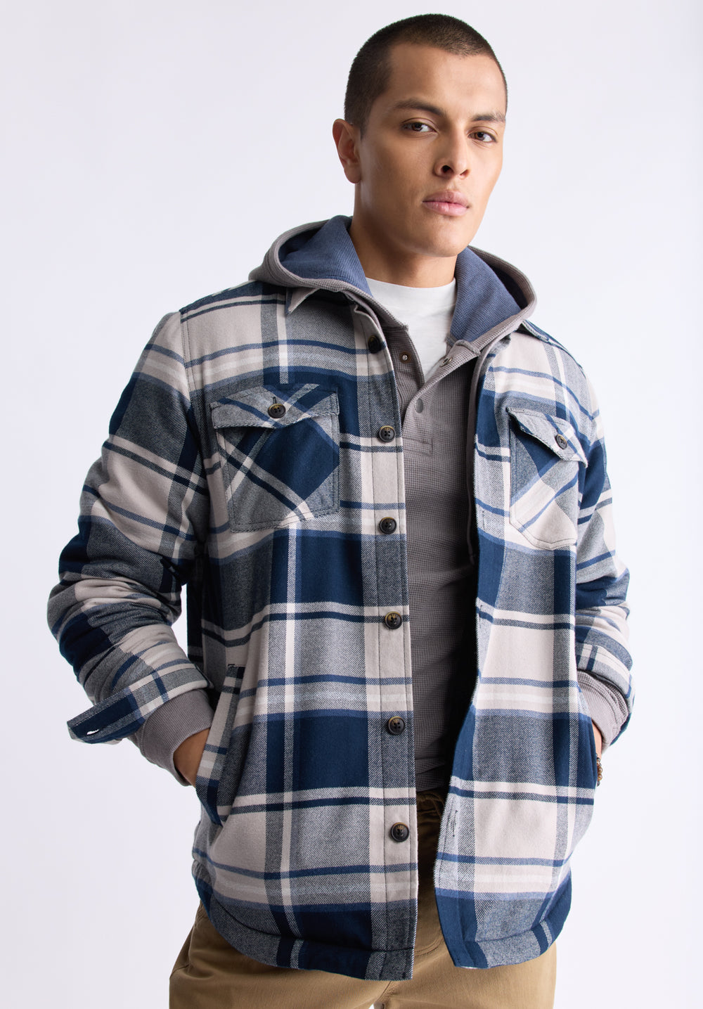 Jalika Men's Plaid Shacket with Sherpa Lining, Cream & Navy