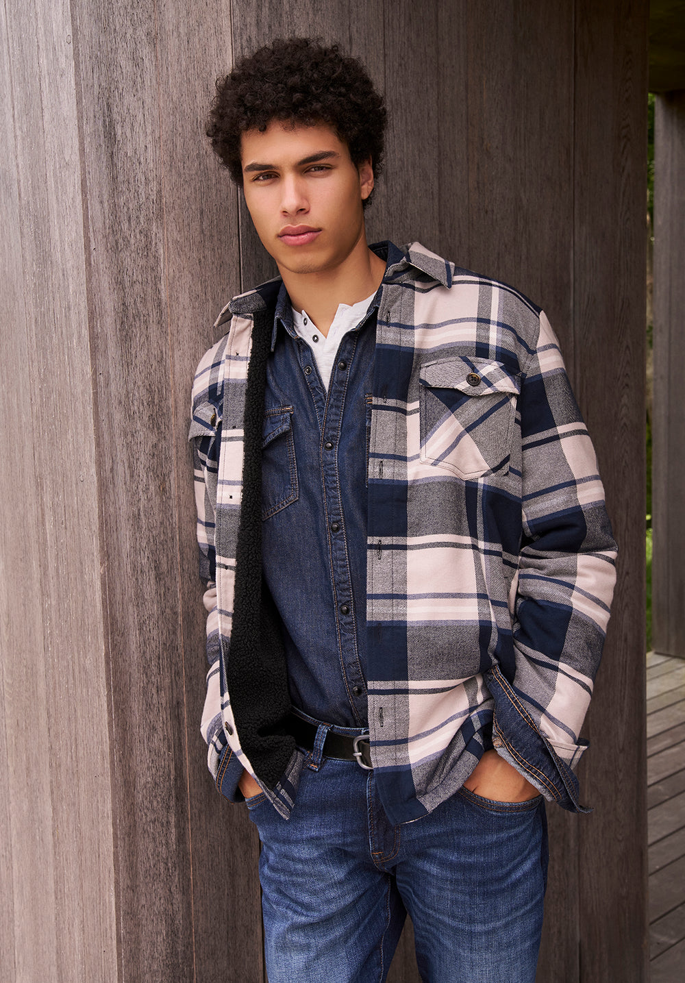 Buffalo Jeans Men s Jalika Plaid Shacket With Sherpa Lining Cream Navy Size XL