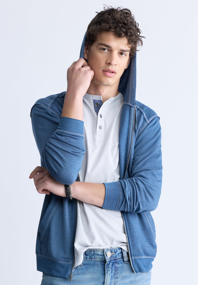 Buffalo Jeans Men s Faseam Hoodie With Front Pocket Heather Blue Size M