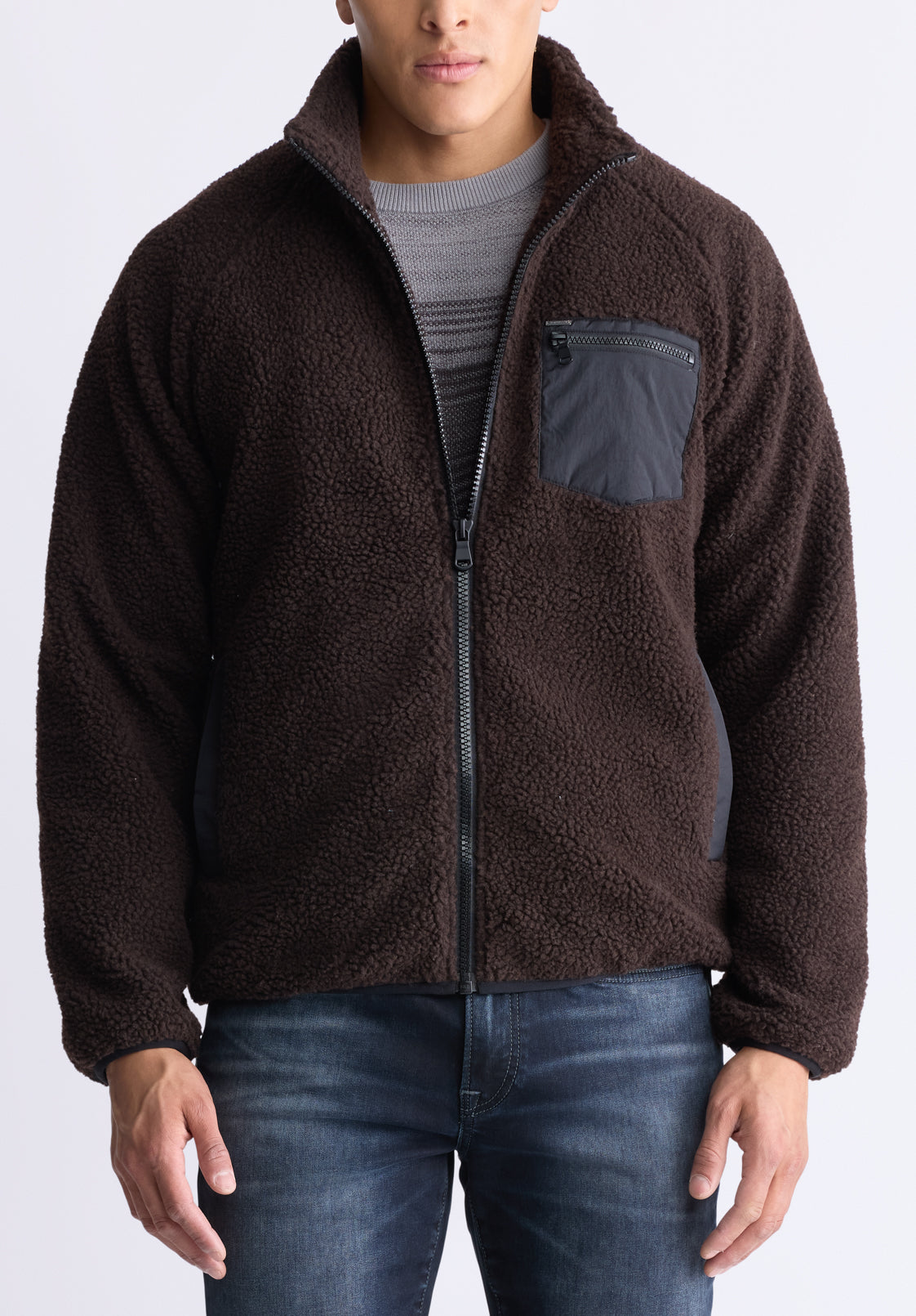 buffalo david bitton Jaik Men's Sherpa Bomber Jacket with Chest Pocket Chocolate
