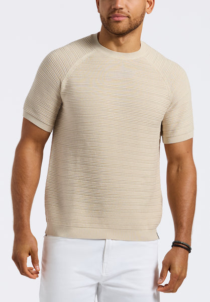 Buffalo David Bitton Wipped Men's Textured Knit Short-Sleeve Crewneck Sweater color BUTTERCREAM