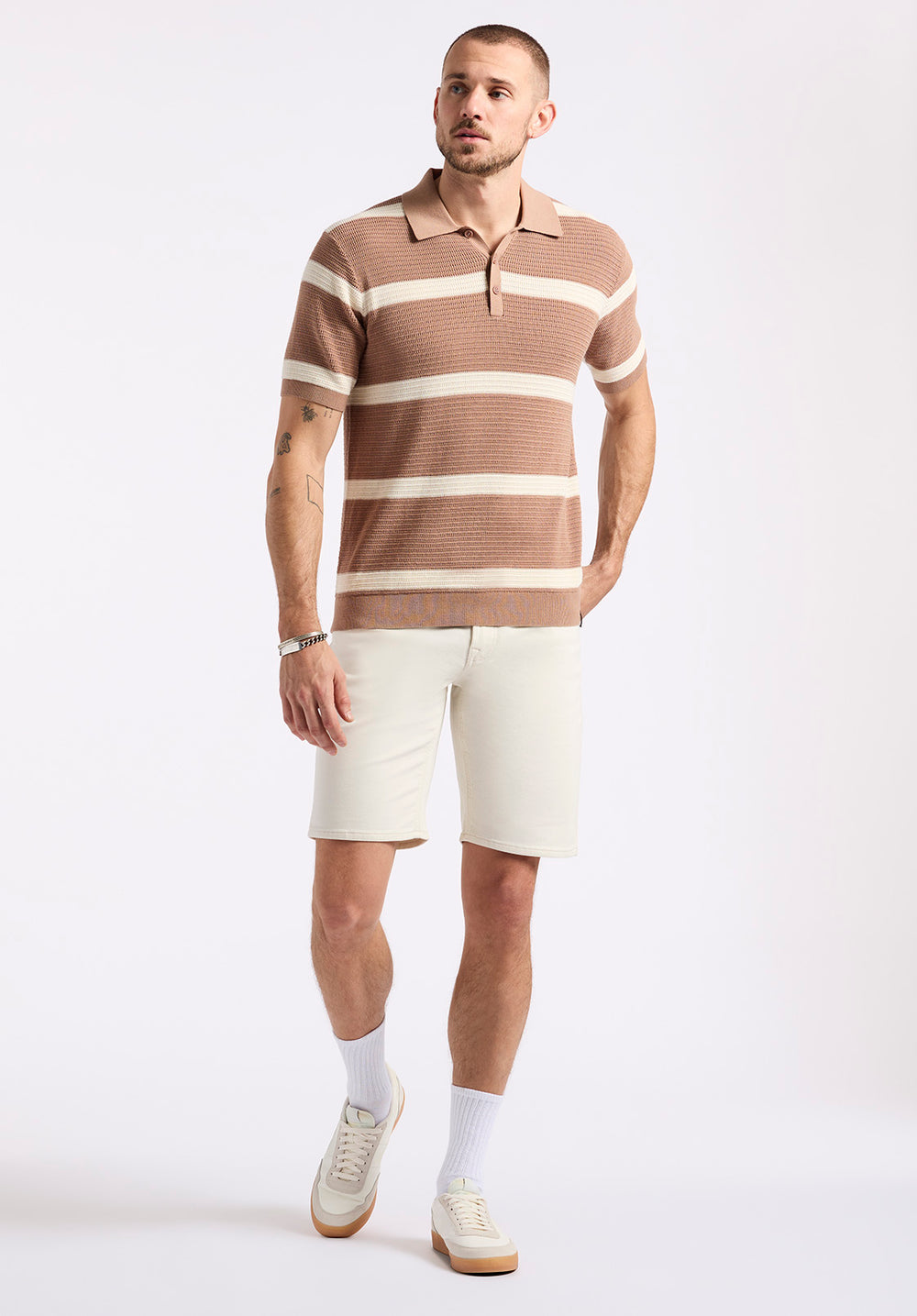 Winder Men's Short Sleeve Striped Sweater Polo, Woodsmoke Brown