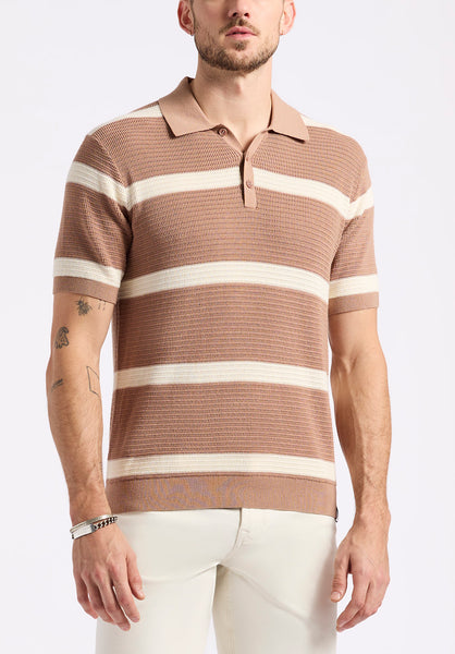 Buffalo David Bitton Winder Men's Short-Sleeve Striped Sweater Polo color WOODSMOKE