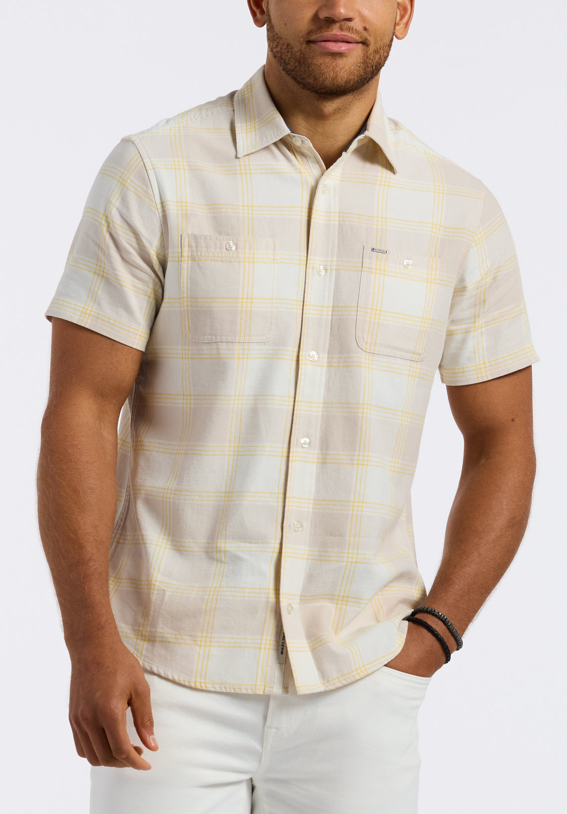 buffalo david bitton Chemise ajustée à manches courtes à carreaux pour homme Sagrino blanc