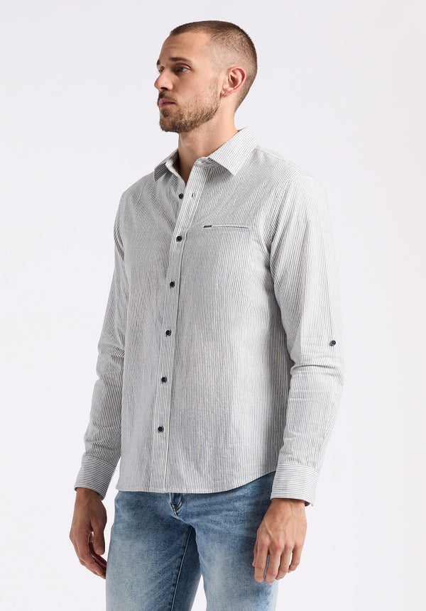 Buffalo David Bitton Simbio Men's Long-Sleeve Linen Blend Striped Fitted Shirt color MOONLIGHT BLUE