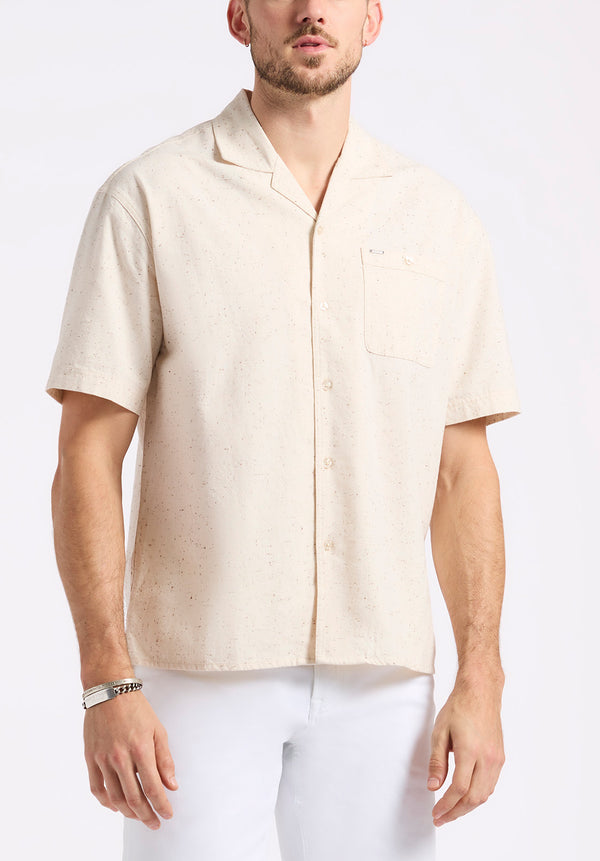 Buffalo David Bitton Sonix Men's Short-Sleeve Speckle Pattern Relaxed Fit Camp Shirt color BUTTERCREAM