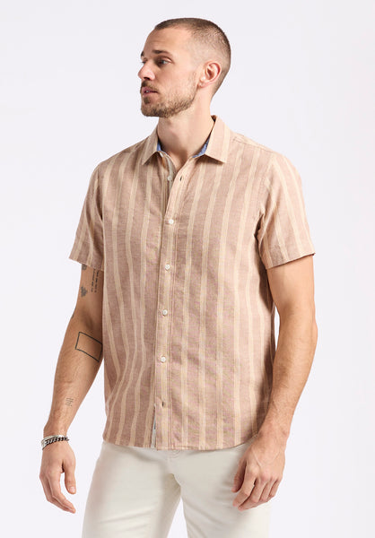 Buffalo David Bitton Sagrino Men's Short-Sleeve Striped Fitted Shirt color WOODSMOKE
