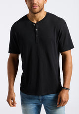 Buffalo David Bitton Kandido Men's Short Sleeve Slub Jersey Relaxed Henley Top color BLACK