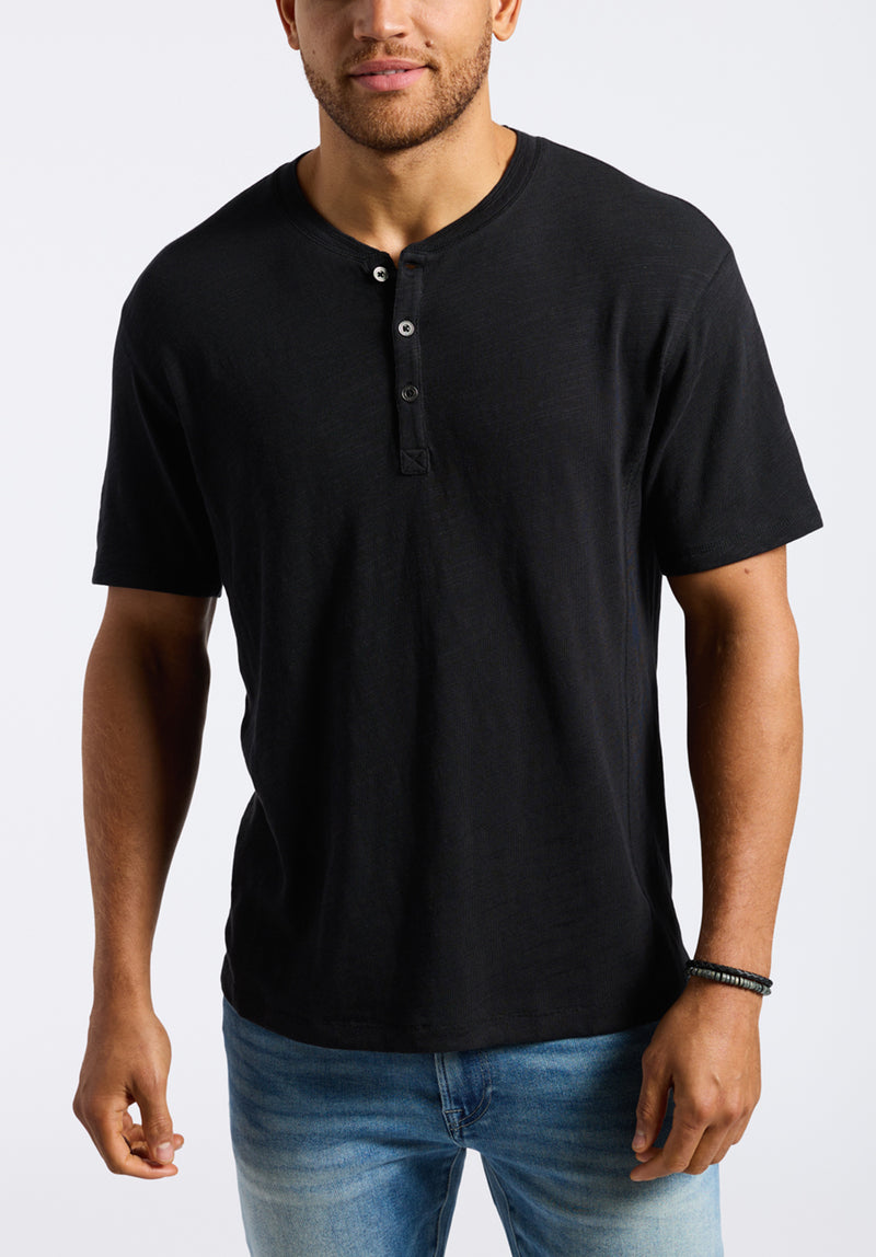Buffalo David Bitton Kandido Men's Short Sleeve Slub Jersey Relaxed Henley Top color BLACK
