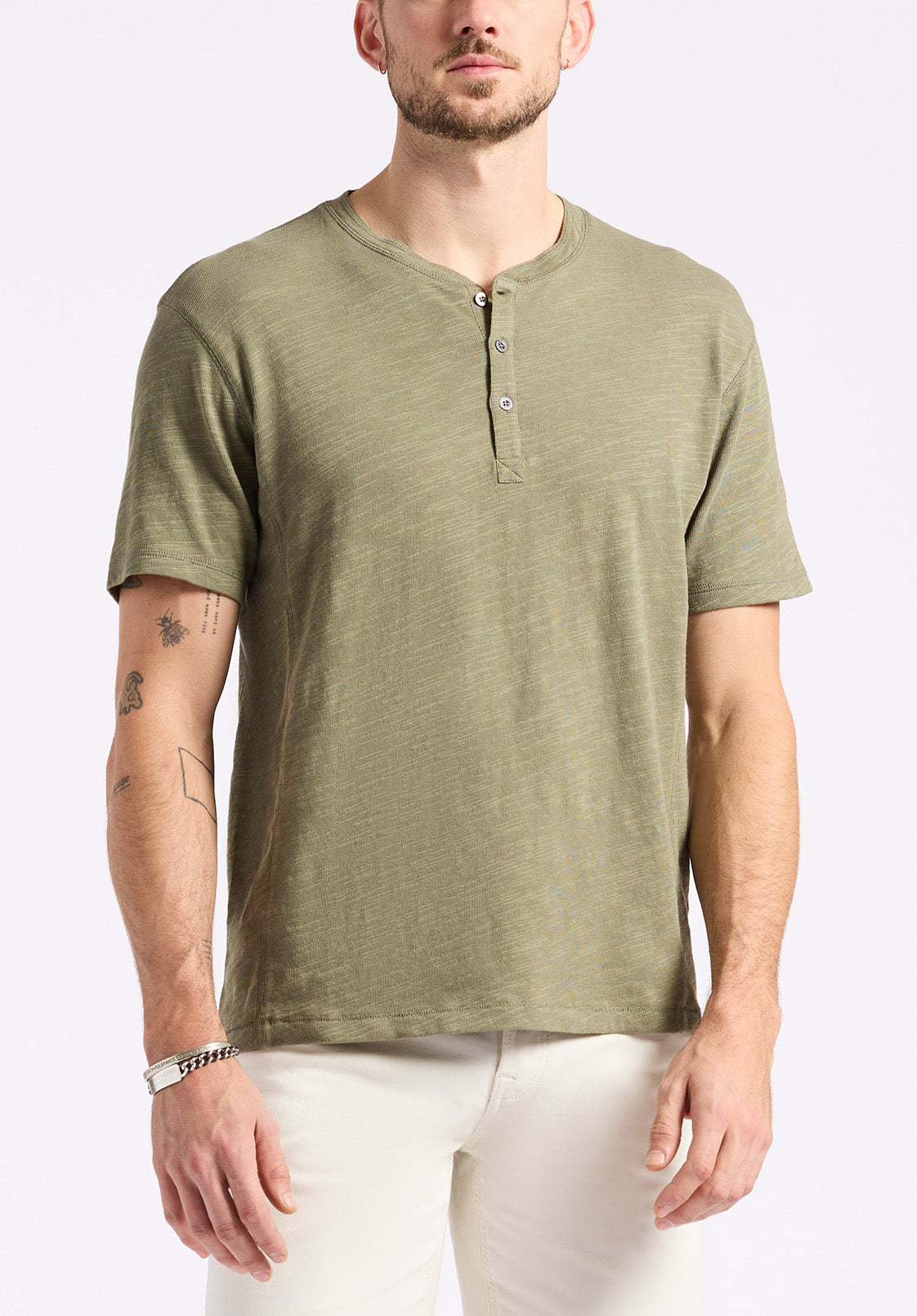 buffalo david bitton T-shirt Henley en jersey flammé coupe décontractée à manches courtes pour homme Kandido Vert armée