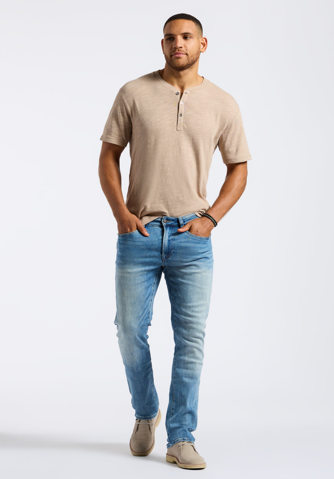 Beige short-sleeve Henley T-shirt with a short button placket