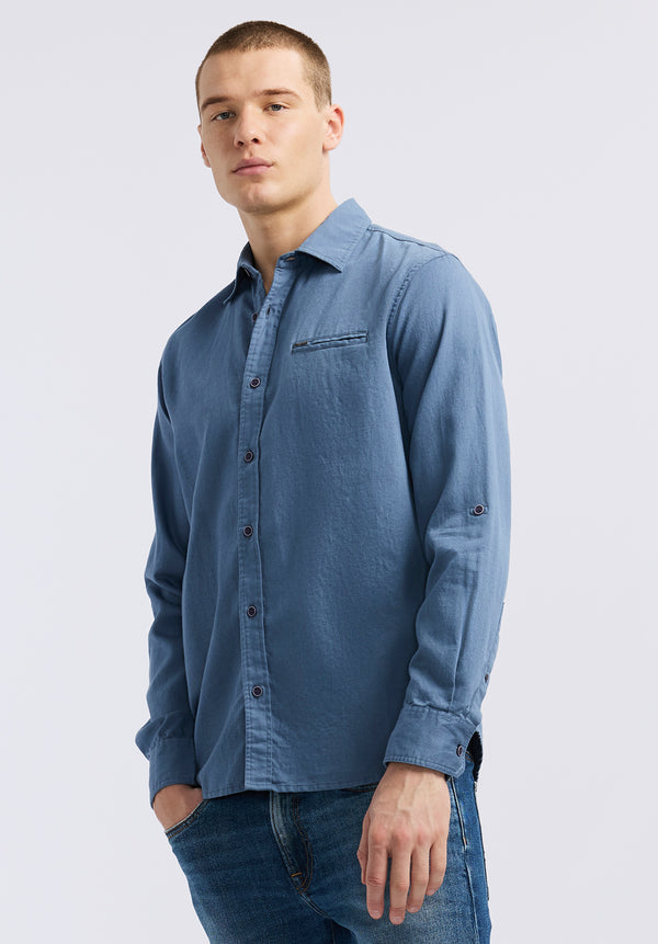Buffalo David Bitton Simbio Men's Long-Sleeve Linen Blend Fitted Shirt color MOONLIGHT BLUE