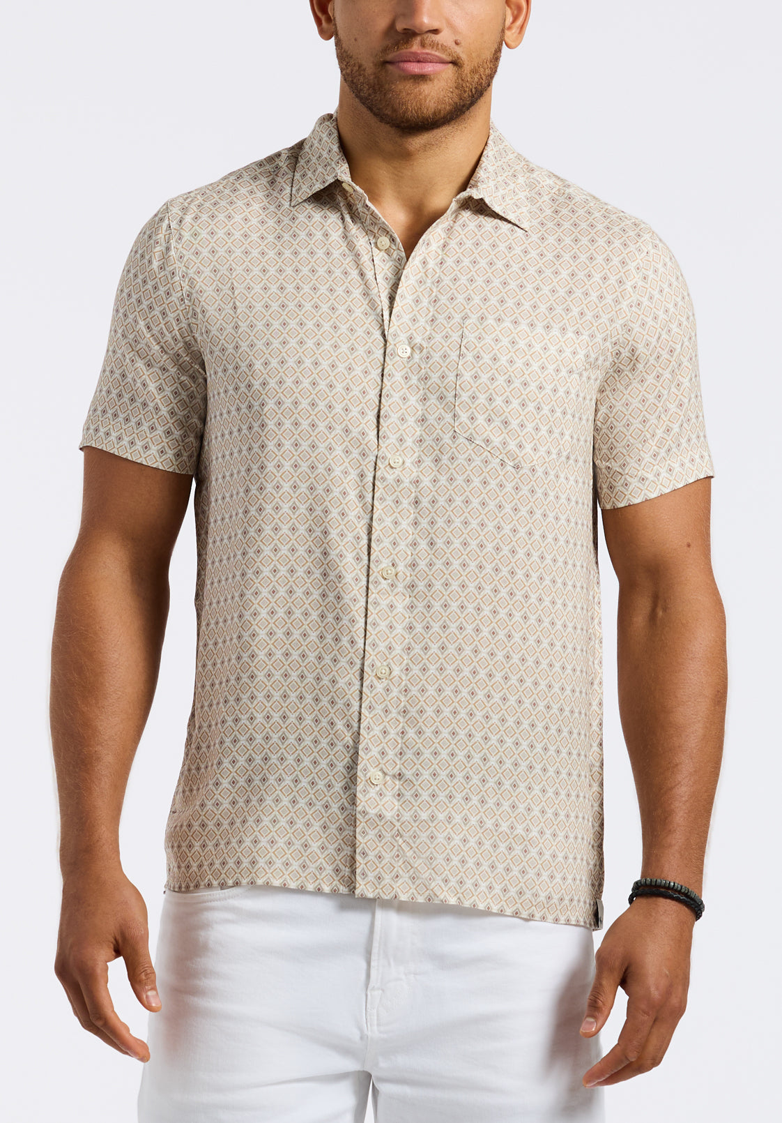 buffalo david bitton Chemise ajustée boutonnée à manches courtes avec imprimé géométrique pour homme Sirilo Blanc