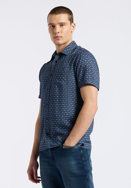 Buffalo David Bitton Sirilo Men's Short Sleeve Fitted Shirt with Geometric Print color MIDNIGHT BLUE