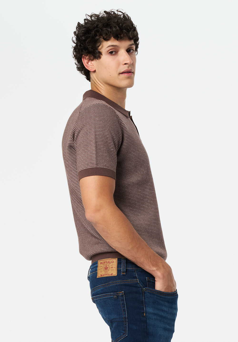 Walbert Men's Short Sleeve Striped Sweater Polo, Chocolate Brown