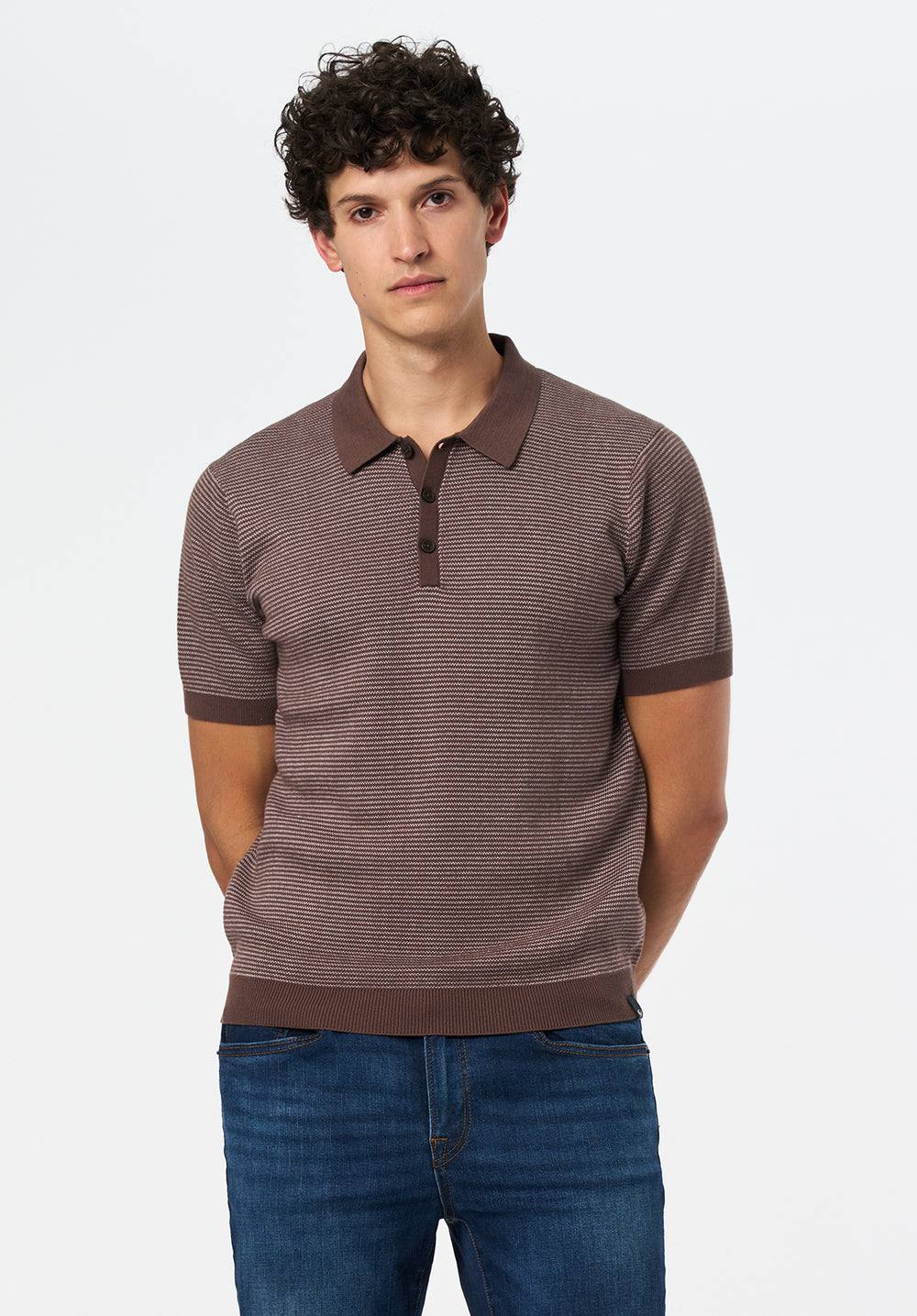 Walbert Men's Short Sleeve Striped Sweater Polo, Chocolate Brown