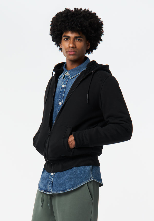 Fasox Men's Relaxed Full-Zip Hooded Jacket with Sherpa Lining color BLACK