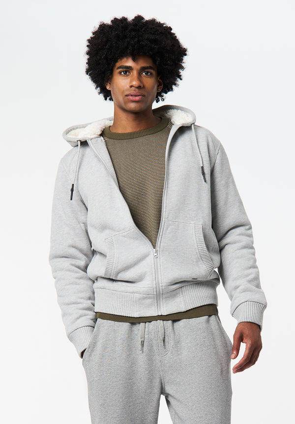 Fasox Men's Relaxed Full-Zip Hooded Jacket with Sherpa Lining color HEATHER GREY