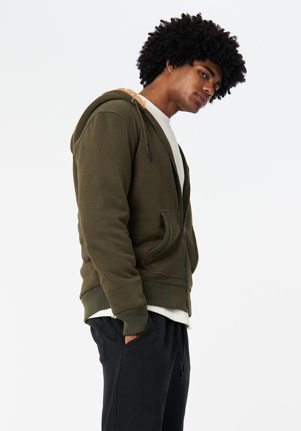 Fasox Men's Relaxed Full-Zip Hooded Jacket with Sherpa Lining color FERN