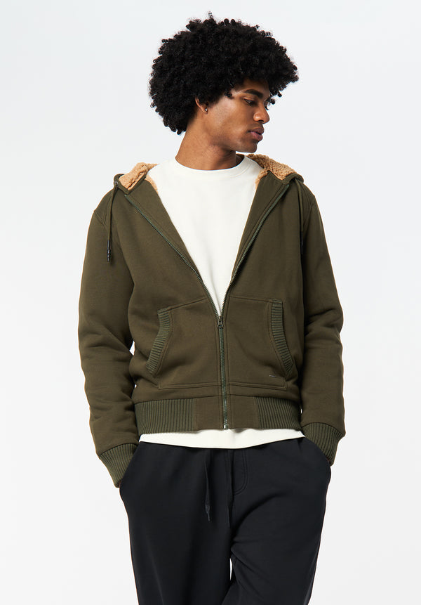 Fasox Men's Relaxed Full-Zip Hooded Jacket with Sherpa Lining color FERN