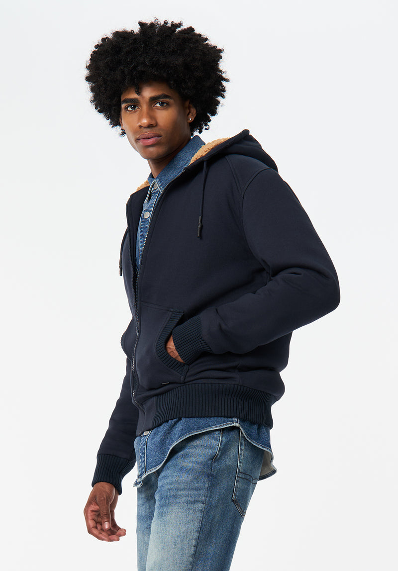 Fasox Men's Relaxed Full-Zip Hooded Jacket with Sherpa Lining color WHALE