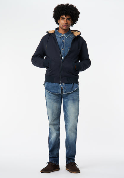 Fasox Men's Relaxed Full-Zip Hooded Jacket with Sherpa Lining color WHALE