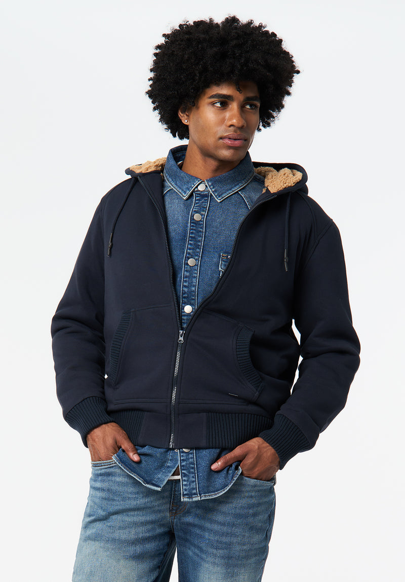 Fasox Men's Relaxed Full-Zip Hooded Jacket with Sherpa Lining color WHALE