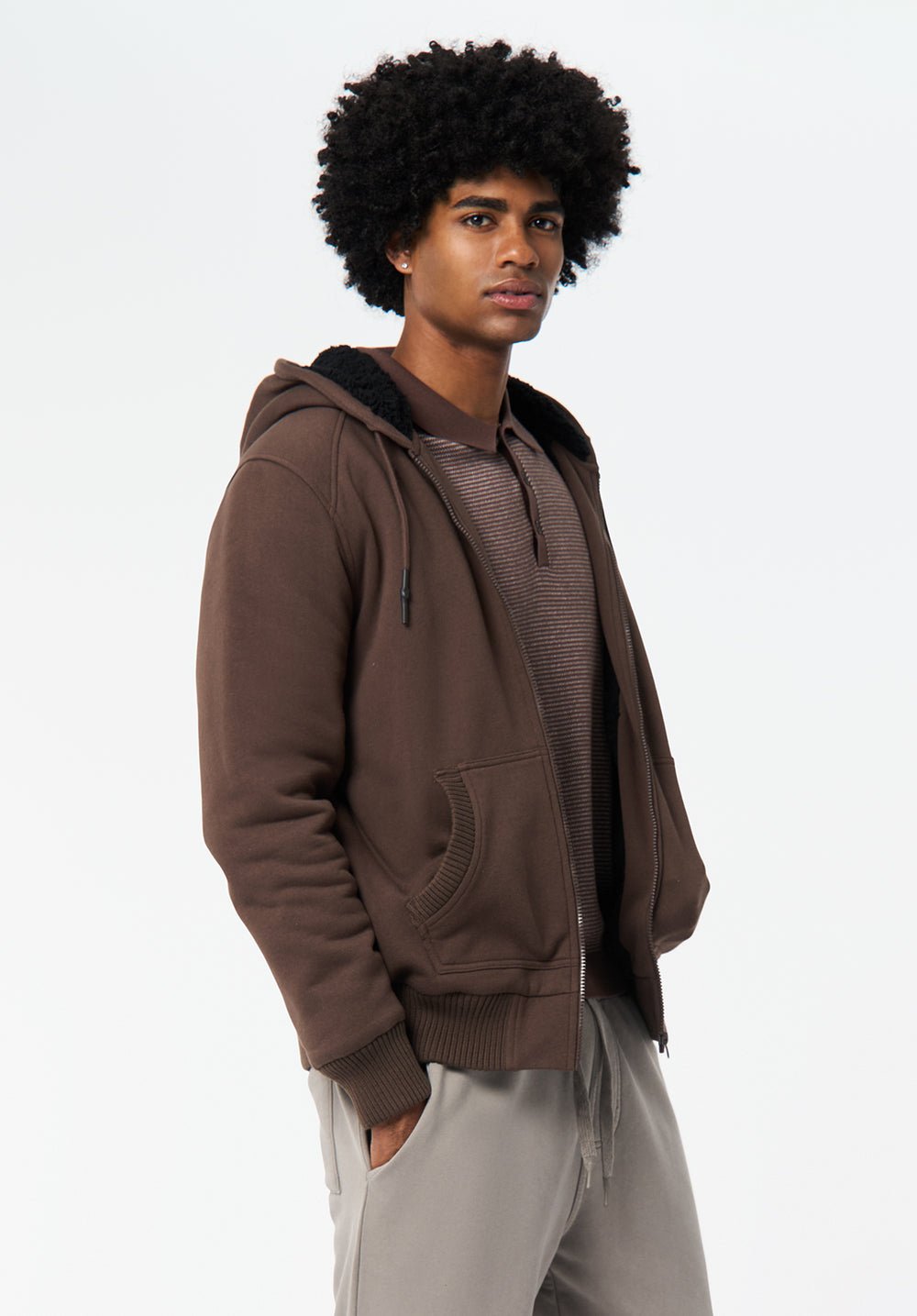 Fasox Men's Sherpa Lined Full-Zip Hoodie, Chocolate Brown