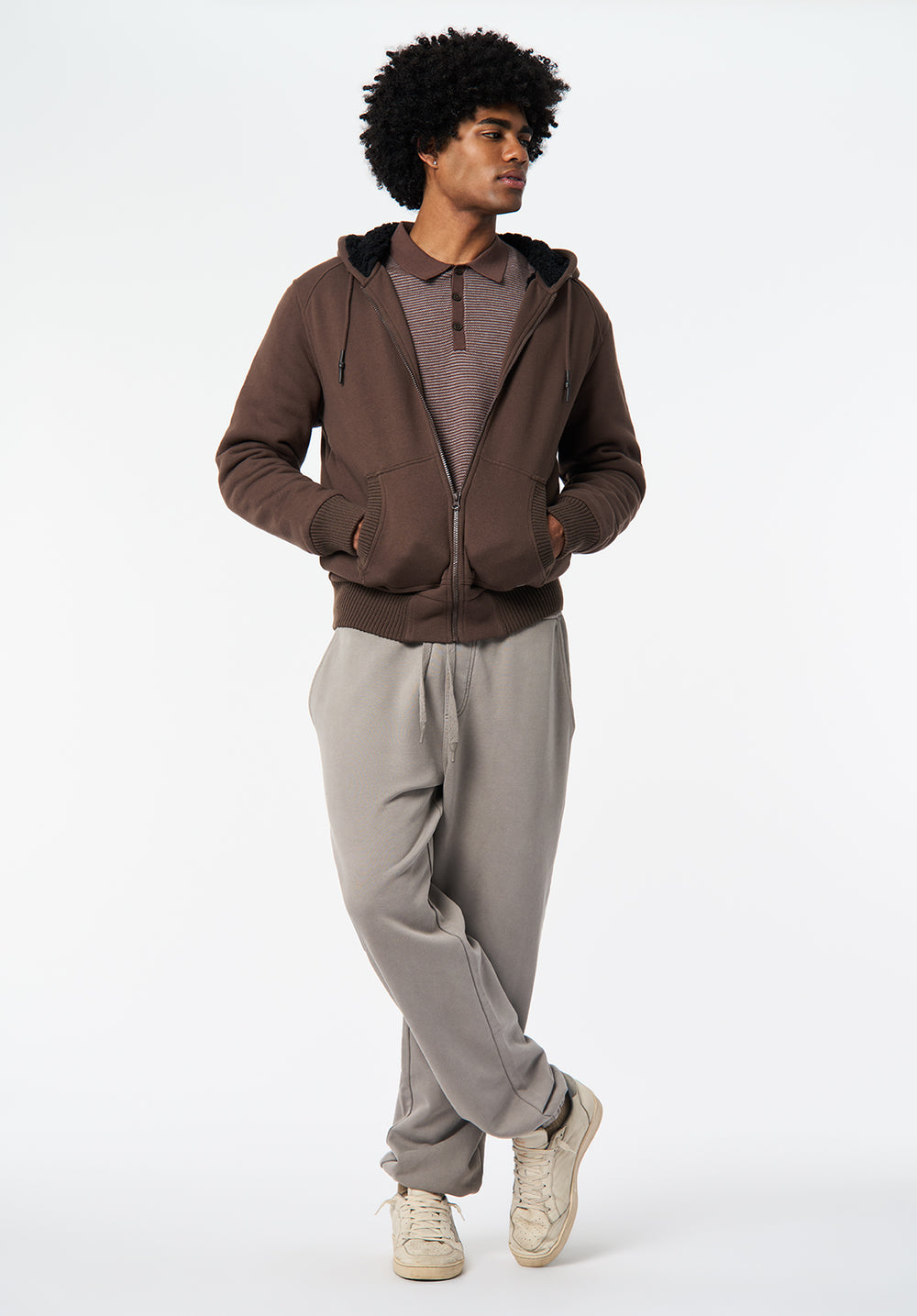 Fasox Men's Sherpa Lined Full-Zip Hoodie, Chocolate Brown