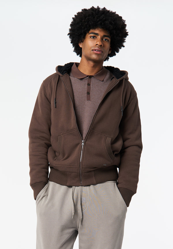 Fasox Men's Relaxed Full-Zip Hooded Jacket with Sherpa Lining color CHOCOLATE BROWN