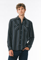 Sierra Chemise Western à Rayures pour Homme à Manches Longues, Bleu Minuit - BM24751
