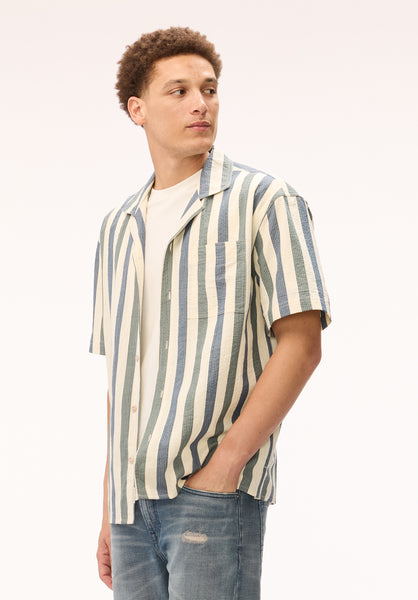 Buffalo David Bitton Sonix Men's Striped Short Sleeve Camp Collar Shirt, Milk 