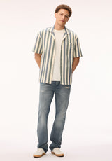 Buffalo David Bitton Sonix Men's Striped Short Sleeve Camp Collar Shirt, Milk 
