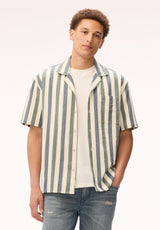 Buffalo David Bitton Sonix Men's Striped Short Sleeve Camp Collar Shirt, Milk 