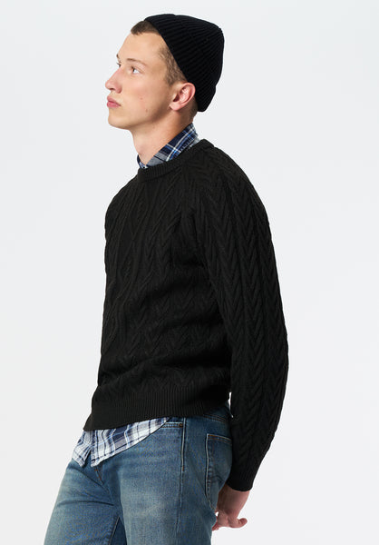 Walder Men's Relaxed Cable Knit Sweater color BLACK