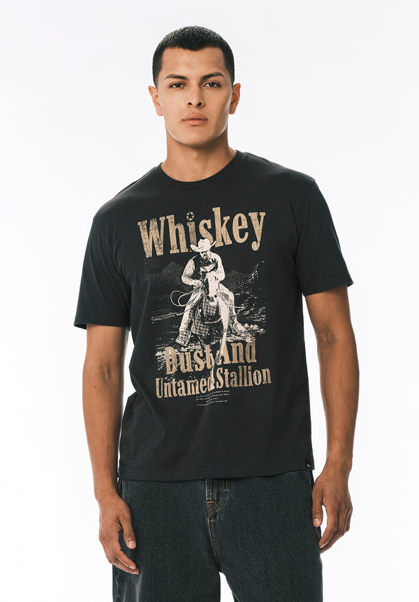 Tafo T-shirt Graphique pour Homme avec Imprimé Whiskey Cowboy, Noir - BM24819
