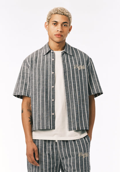 Buffalo David Bitton Scott Men’s Short Sleeve Striped Boxy Cropped Shirt COLOR Whale 
