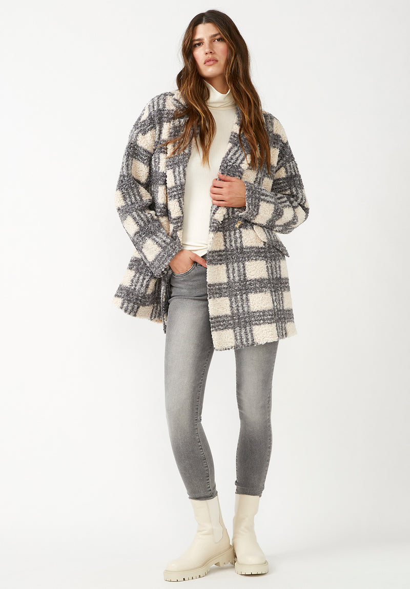 Buffalo David Bitton Aurelie Blue Cream Plaid Women's Car Coat - JK0009F  