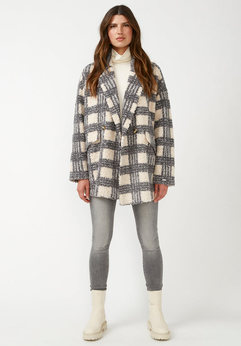 Buffalo David Bitton Aurelie Blue Cream Plaid Women's Car Coat - JK0009F  