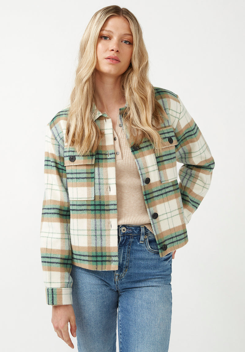 Buffalo David Bitton Lissandra Cream Green Plaid Women's Cropped Shacket - JK0016F Color CRMGRN PLAID