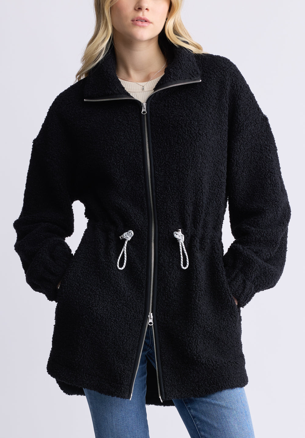 Citra Women s Cinch Waist Full Zip Sherpa Coat Black Buffalo Jeans CA
