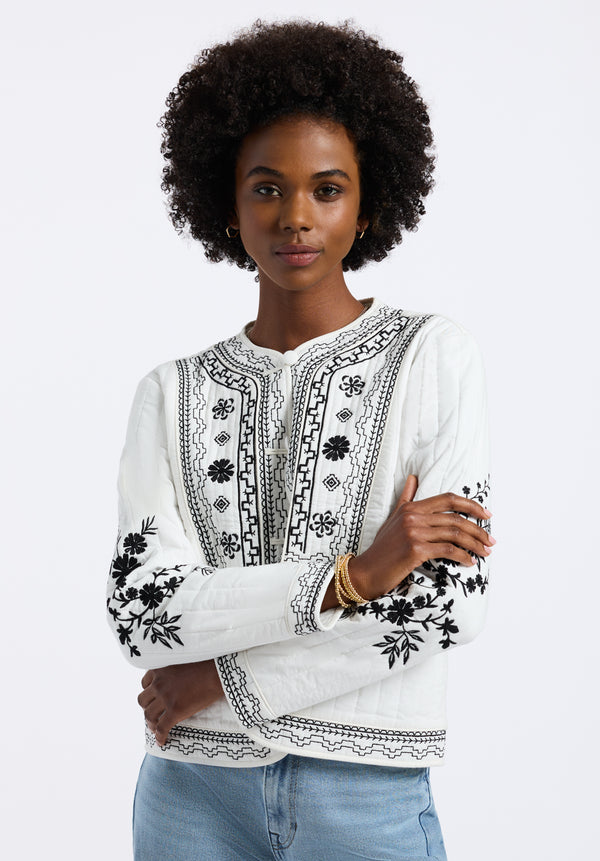Buffalo David Bitton Ashleigh Women's Quilted Embroidered Button-Up Jacket color EGRET