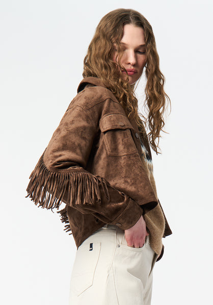 Bibi Women's Western Fringe Cropped Jacket in Faux Suede color CARAMEL