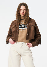 Bibi Women's Western Fringe Cropped Jacket in Faux Suede color CARAMEL