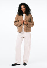 Gwynne Women's Plush Faux-Shearling Teddy Zip Jacket color BISCOTTI