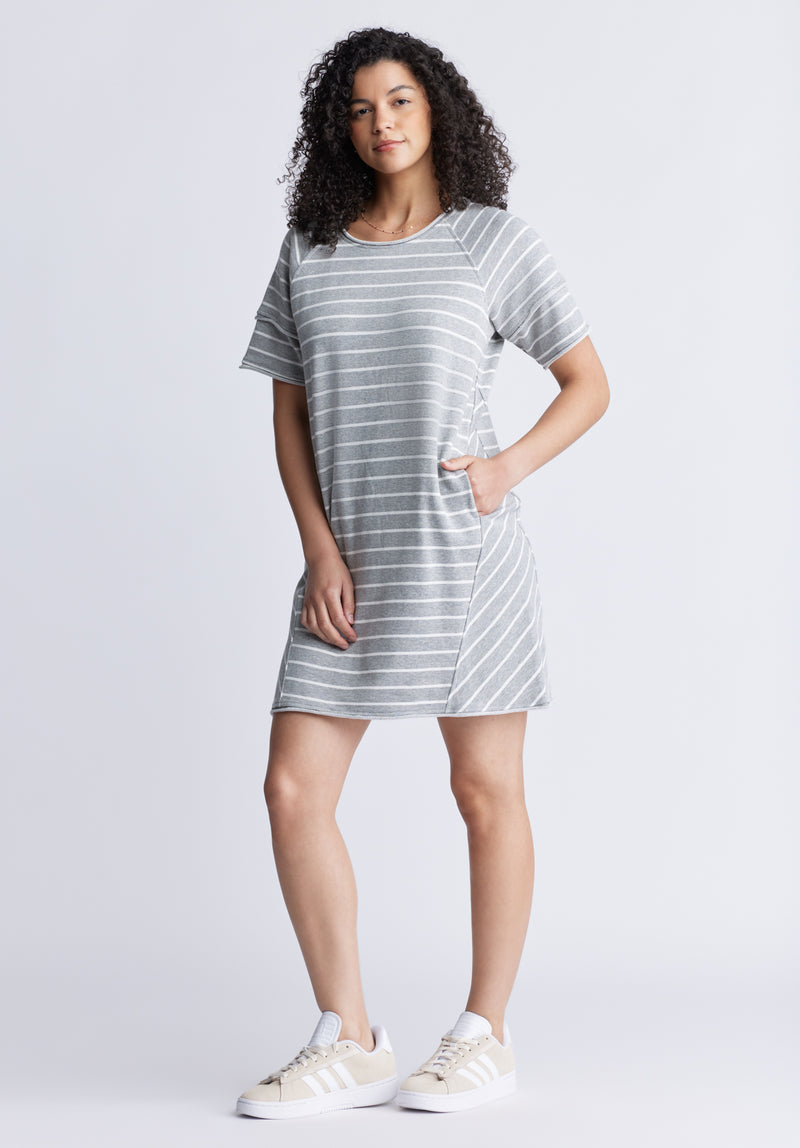 Delfina Women's T-Shirt Dress, Grey and White Striped - KD0006S